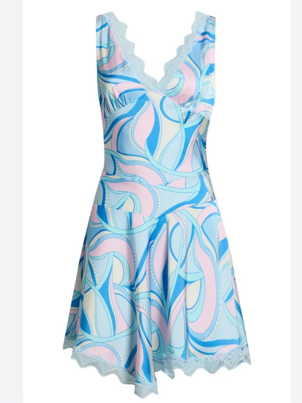 Avec Les Filles Retro Lace Trim Satin Mini Dress Blue Pink Print Size 6/38/38